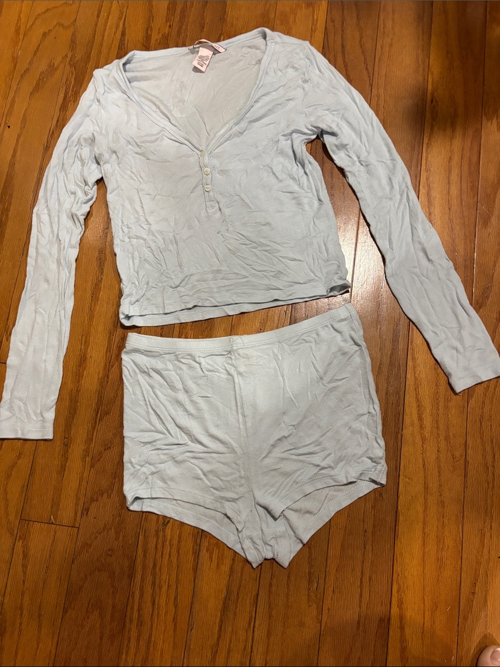 Victoria’s Secret Women’s Light Blue Long-Sleeve Henley Top & boyshort Sleep Set